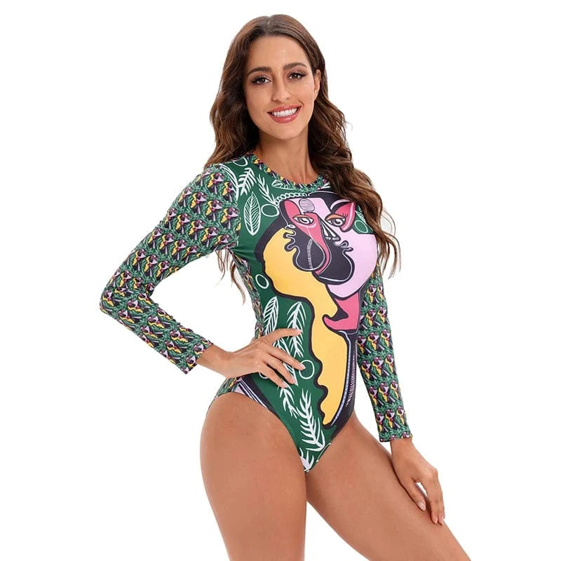 M / Green JSN72005 High quality best sales long sleeve pattern rashguard one piece swimsuit bikinis & beachwear women 2022 swimwear