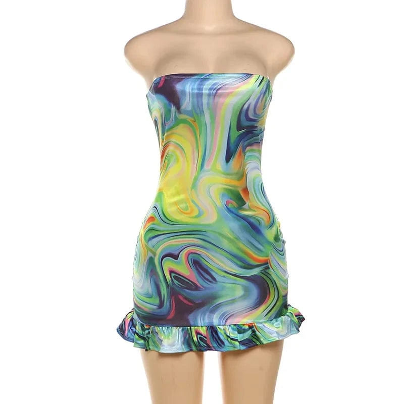 M / Green K24D42691 2024 Spring Summer New Women's Sexy Abstract Print Bandeau Trim Bodycon Evening Mini Dress