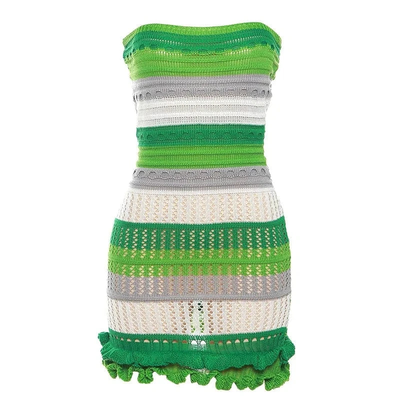 M / Green Knit Women Tube Dress Elegant Summer Patchwork Striped Ruffles Hem Skinny Stretch Bodycon Clubwear Sexy Night Club Short Dress