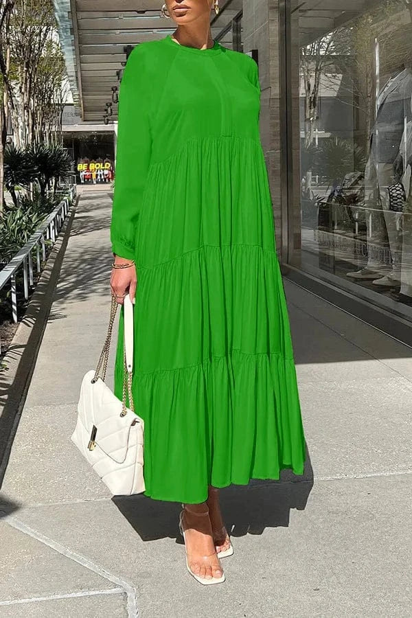 M / Green L342 Fashionable Solid Color Maxi Dress Autumn Winter Leisure Long Sleeve Loose Long Dress Women Pleated Dress