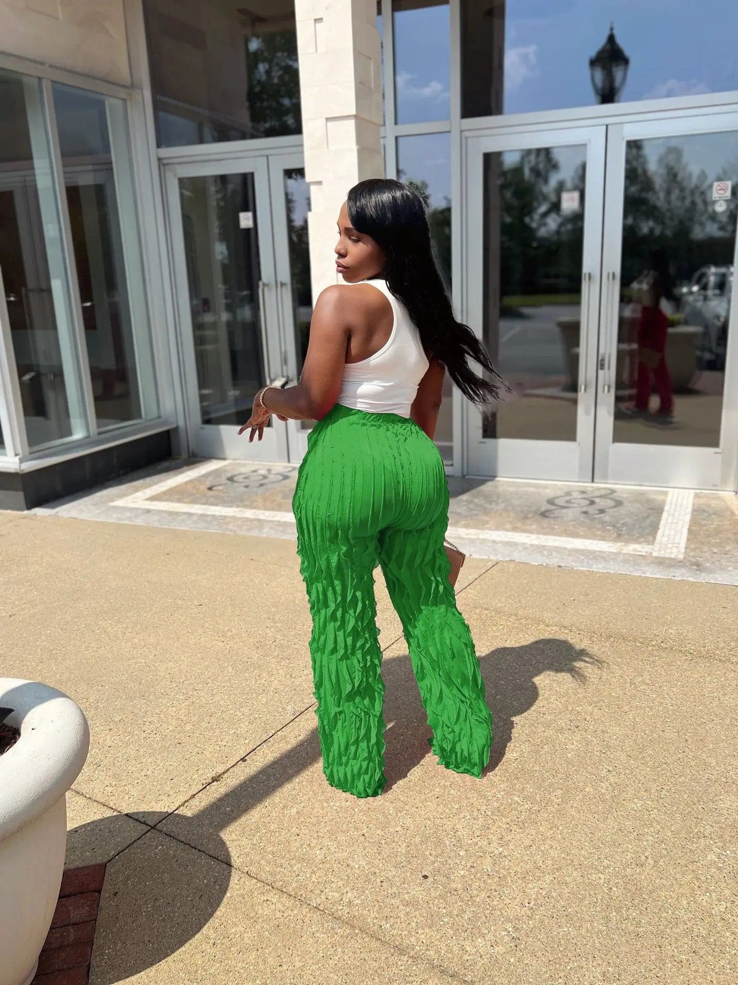 M / Green New Fashion Streetwear Wide Leg Pants 2024 High Waist Casual Ruffle Pants Loose Long Pant For Women Clothing