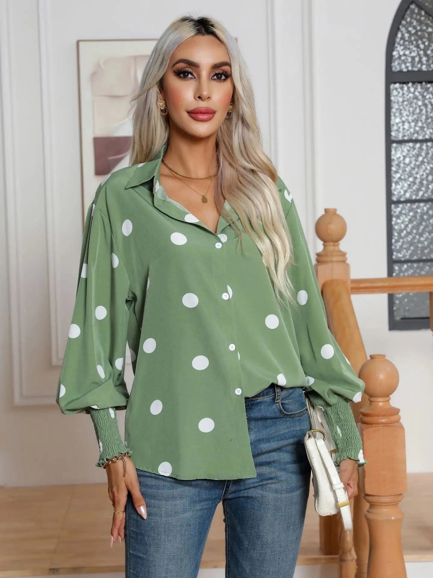 M / Green Polka dot Printed Lantern sleeve shirt Women's Long sleeve shirt New European and American  cross-border Women's clothing