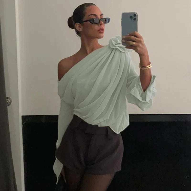 M / Green RedPeony See Through Pullover New Women Elegant Fashion Club Cropped Tops Skew Collar Floral Applique Mesh Chiffon Tops
