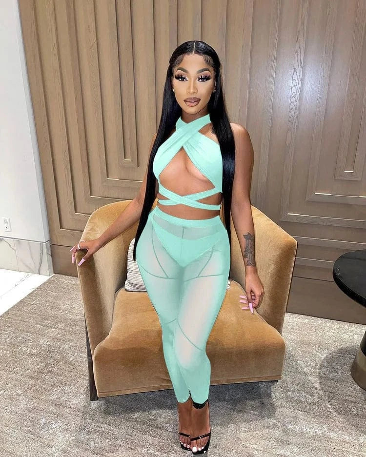 M / Green Sexy Sheer Mesh Two Piece Set Women Summer Tracksuit Solid Sleeveless Crop Tops Leggings Pants Outfit Party Club 2 Piece Sets