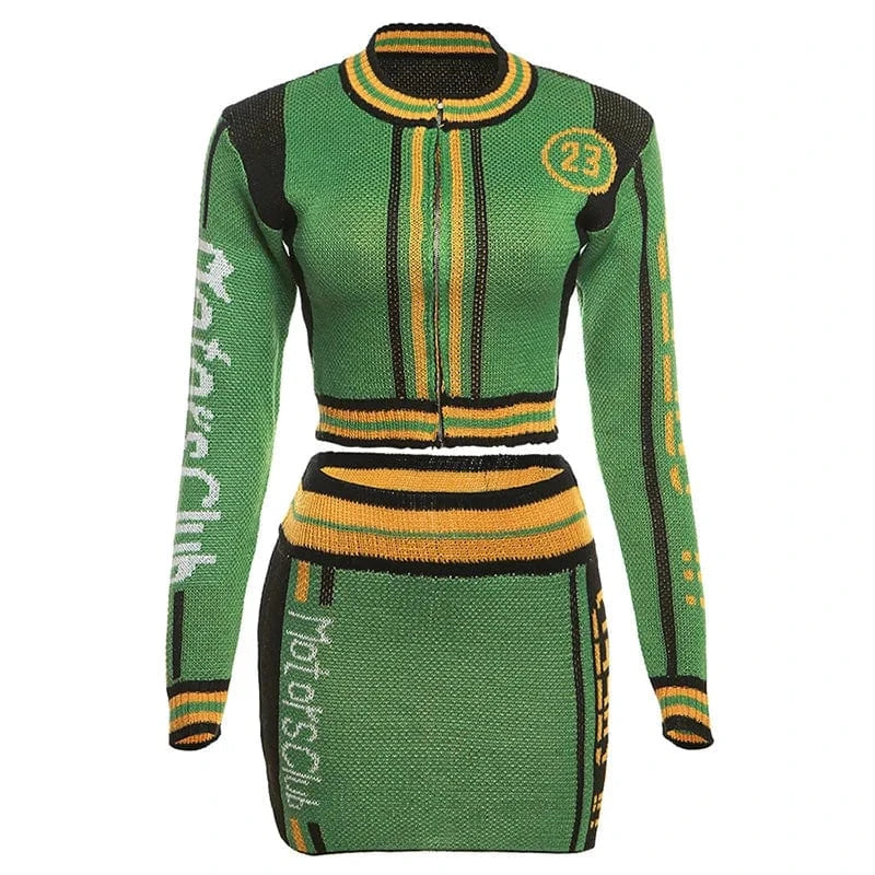M / Green W23S36911 Trendy new design spring clothes 2024 fashion streetwear sexy knitted mini skirt 2 piece set women casual women's sets