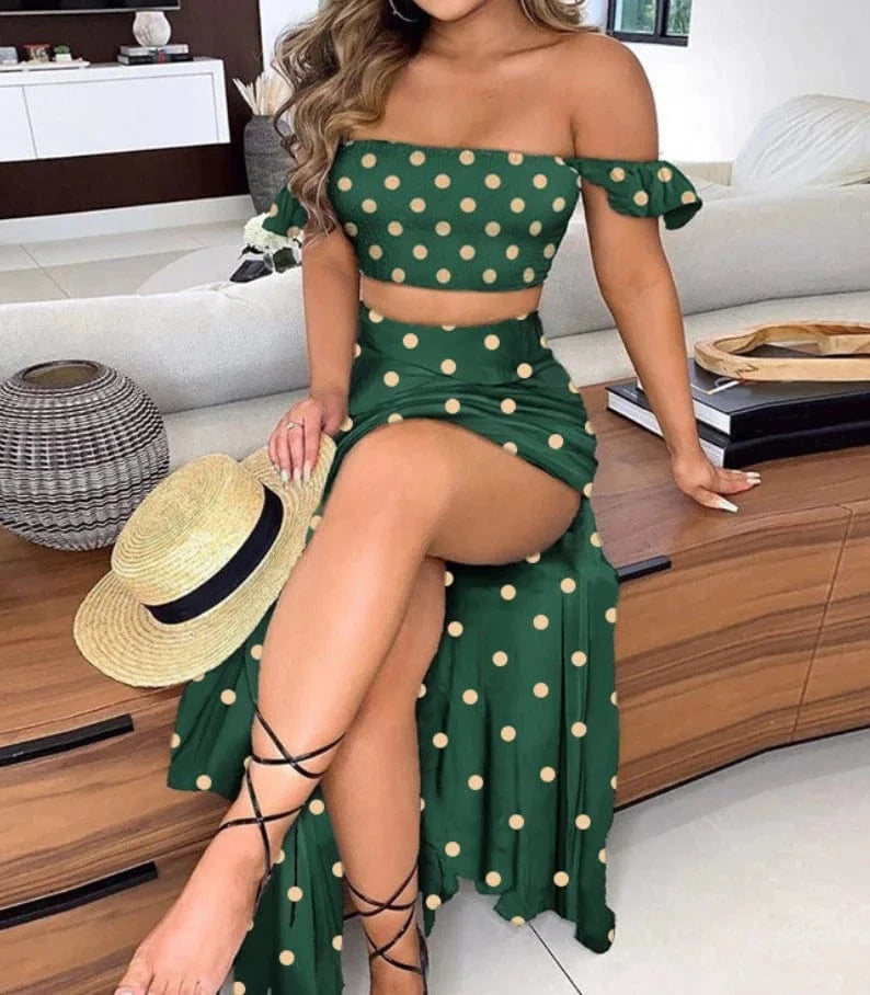 M / Green wavelet point Liu Ming Fashion Sexy Women Birthday Party Clothes Printed Long Clothing Casual Midi Dress