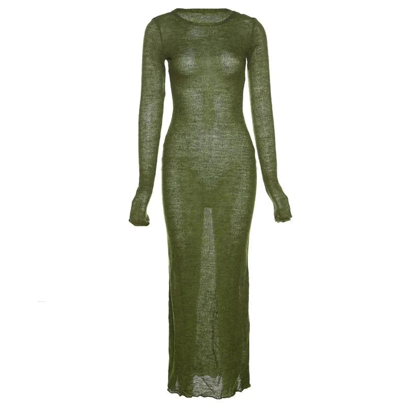 M / Green Y2K Basic O-neck Long Sleeve Maxi Dress Women Autumn Knitted Bodycon Dress Fairy Christmas party Dress Casual Streetwear