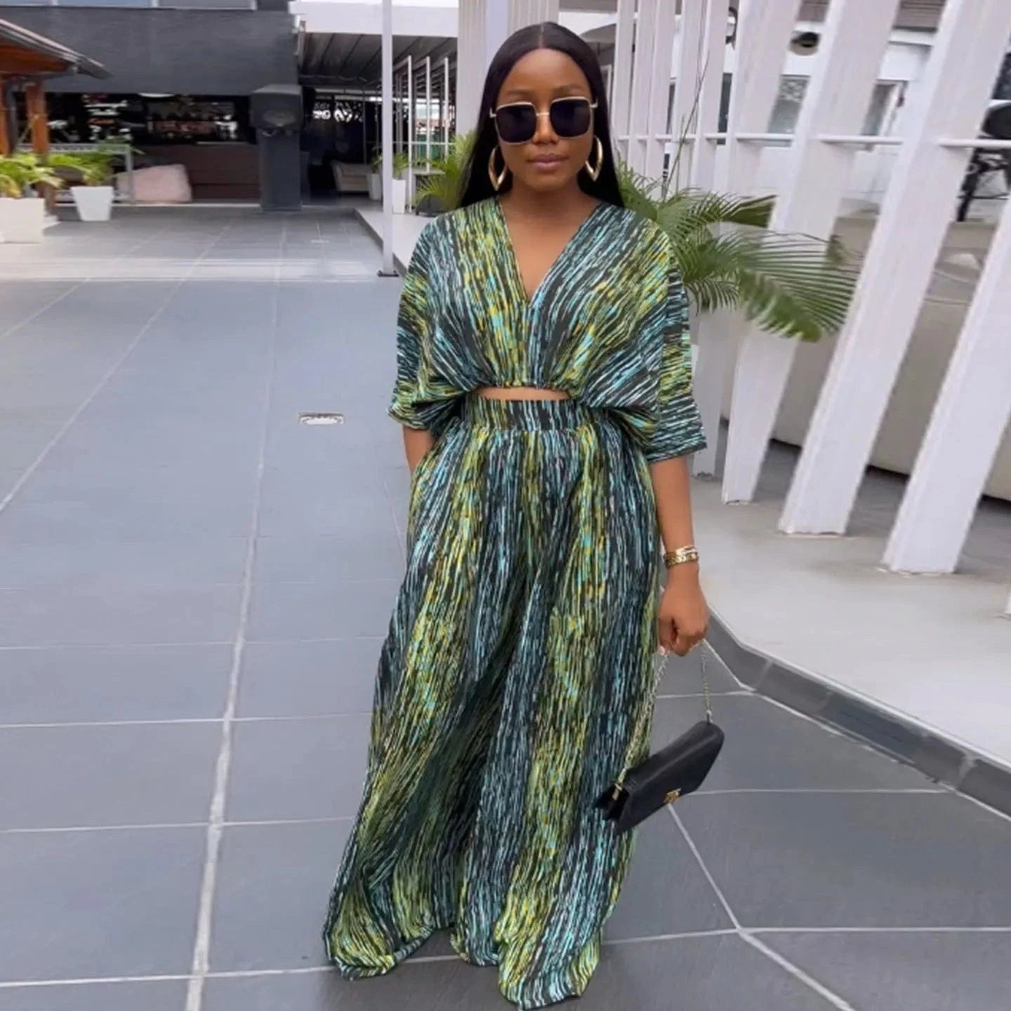 M / Green Z170267 2024 2 pieces lady deep V neck spring colorblock shirt & wide-leg pants set