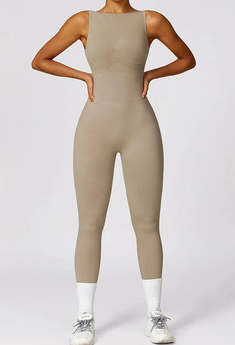 M / Grey 2024 High Quality Wholesale Ladies Scrunch butt Backless Sleeveless One Piece Jumpsuits Workout Jumpsuit For Women