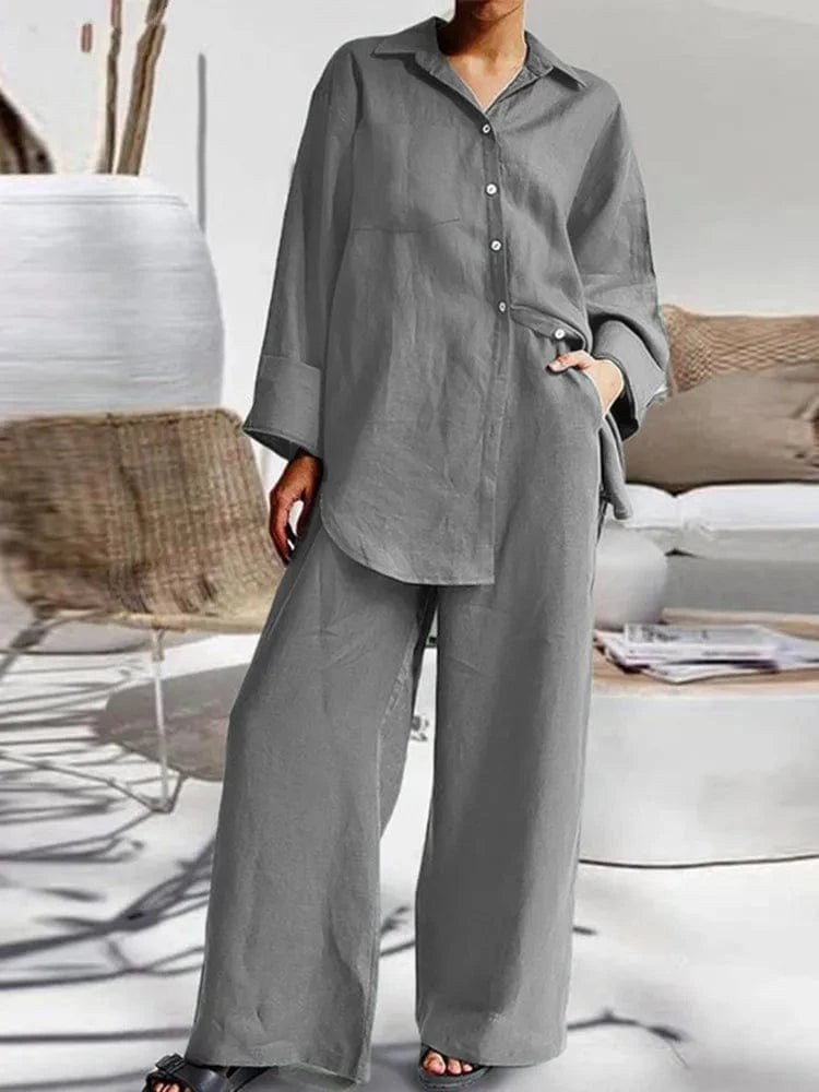 M / Grey DAMOCHIC New Arrivals Two Piece Set Women Clothing Fall 2023 Loose Casual Shirt Ladies Wide Leg Pants 2 Piece Women Set Plus