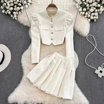 M / Ivory Fashion Celebrity Style Two Piece Set Autumn New Long Sleeve Suit Coat High Waist Pleated Half Body Short Skirt Set