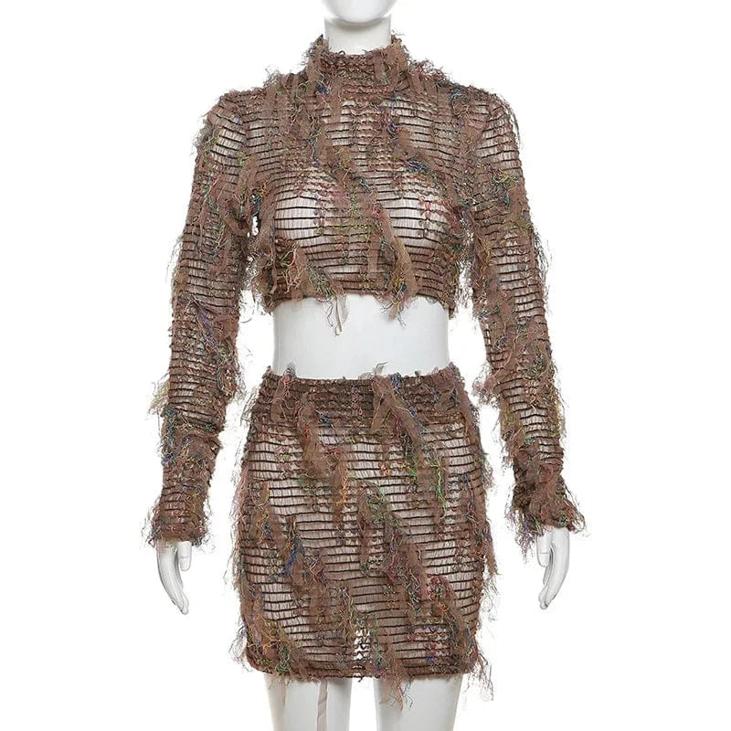 M / Khaki 2024 Spring Summer Women's Clothing Streetwear Fuzzy Long Sleeve Crop Top Pencil Bodycon Skirt Two Piece Set Sexy Outfits