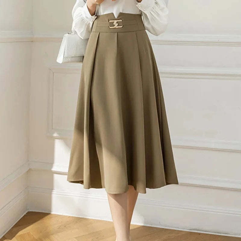 M / Khaki Button High-Waisted A-line Skirt Woman Pure Color Swing Elegant Casual Office Ladies OL Midi Skirts