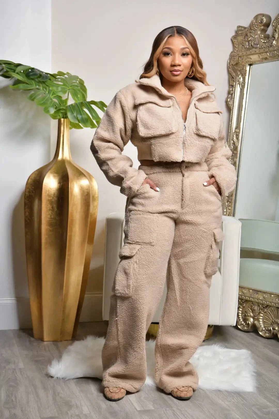M / Khaki Fuzzy Lounge Wear Set Warm Thick Fleece Jogger Set Women Woman Winter Fleece Sweat Suit Female Cargo Pants Sets