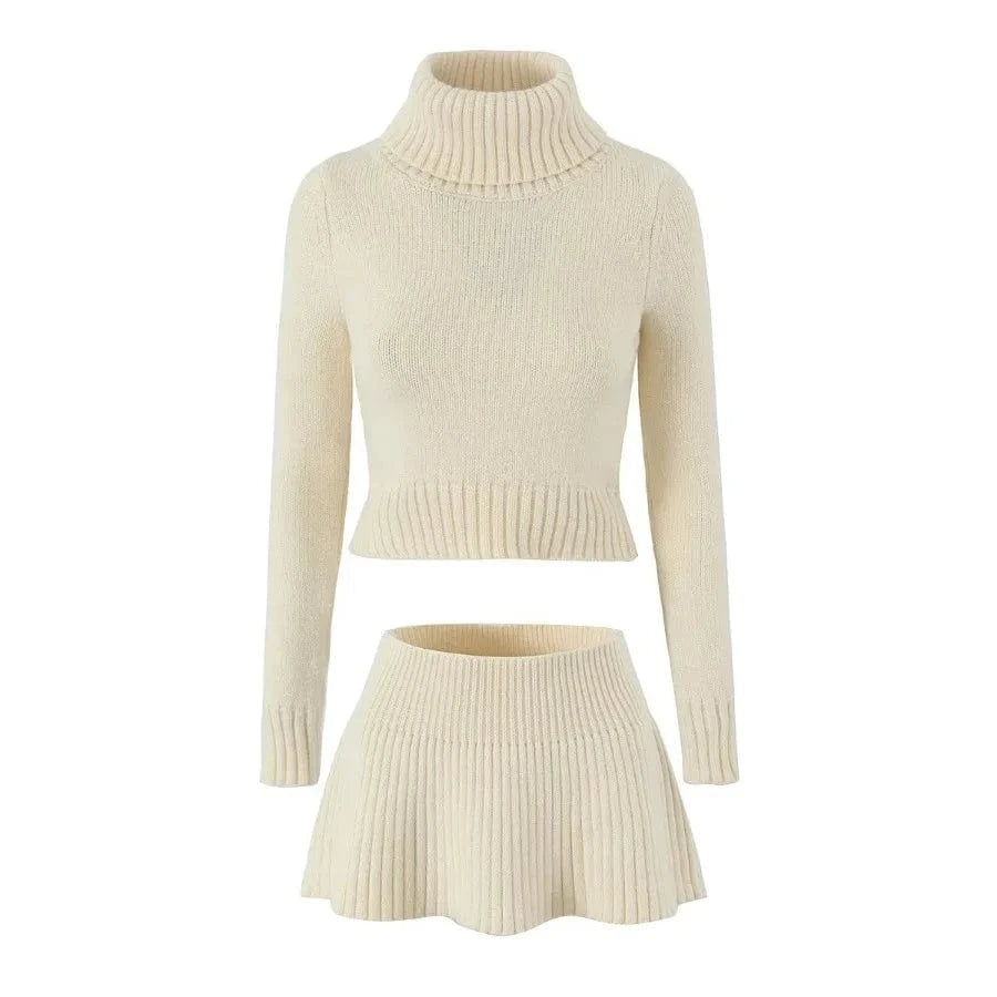M / Khaki New arrival woman clothing long sleeve winter knitted sweater fashion 2 piece skirt set