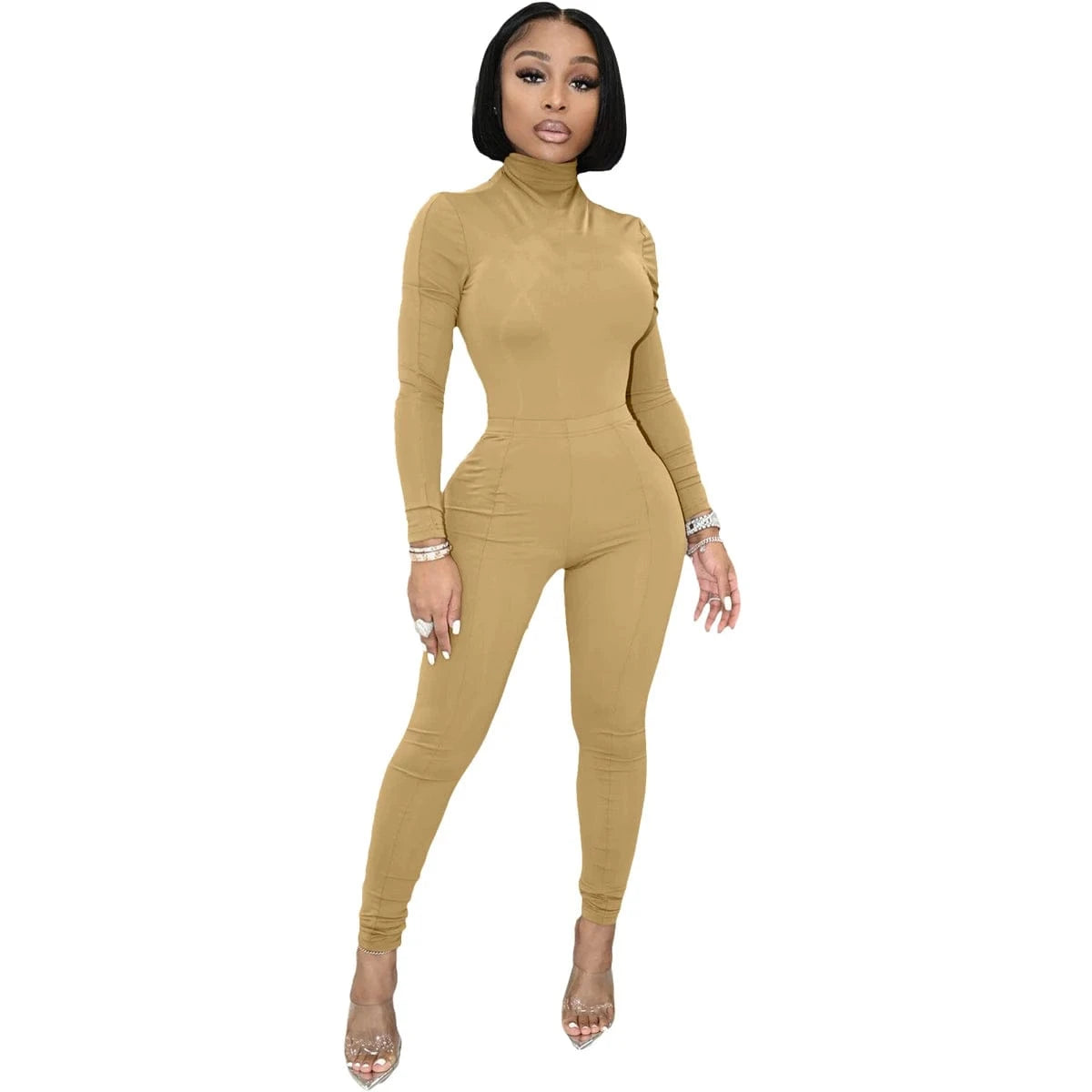 M / Khaki New Arrivals 2024 Spring Solid Knitted Woman Clothing Activewear Ribbed Lounge Wear Long Sleeves Women's Two-piece Set