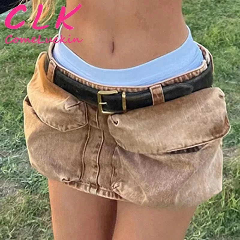 M / Khaki New Arrivals Women's Denim Skirt Casual Cotton Khaki Pocket Zipper Patchwork Mini Skirt Casual Denim Jeans Skirt Women Clothing