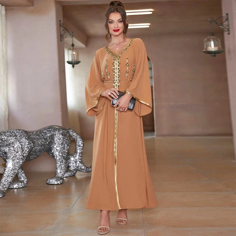 M / Khaki Pearl Beaded Dubai Abaya Saudi Arab Rhinestone Robe Islamic Clothing Diamond Abaya Dubai Women Muslim Dress