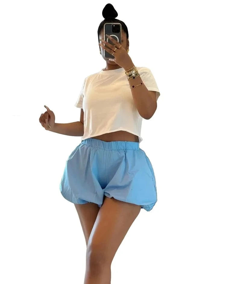 M / Light Blue 2025 spring latest design female women lady solid color elegant lounge wear puff red blue bubble fabric baddie shorts for women