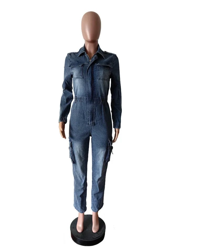 M / Light Blue Autumn Fashion Stretch Pocket Wash Denim Jumpsuit Long Sleeve Zip Up Jeans Romper