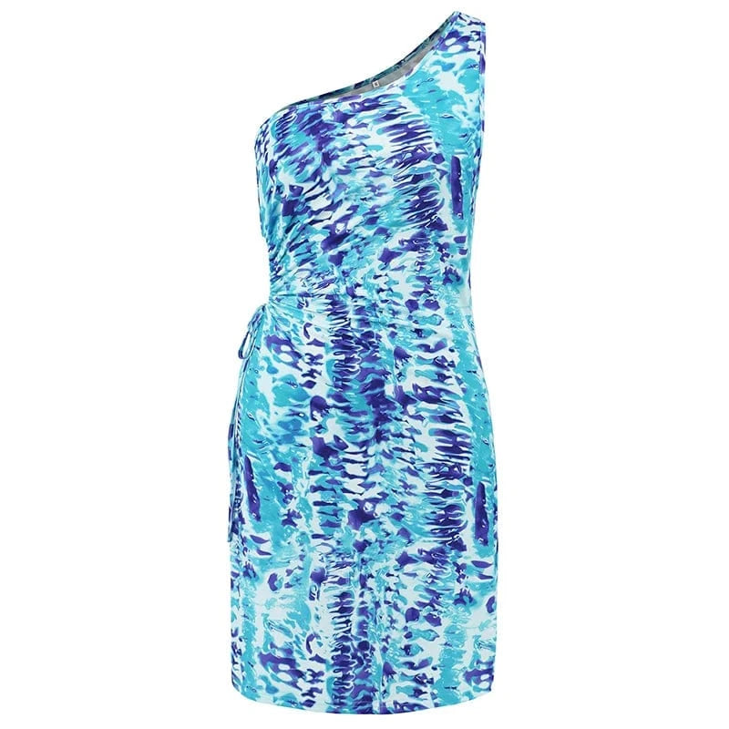 M / Light Blue Europe and America Sexy Bodycon Mini Dress Women Hollow Out Drawstring Tie Dye Off Shoulder Short Dresses Summer Clothing