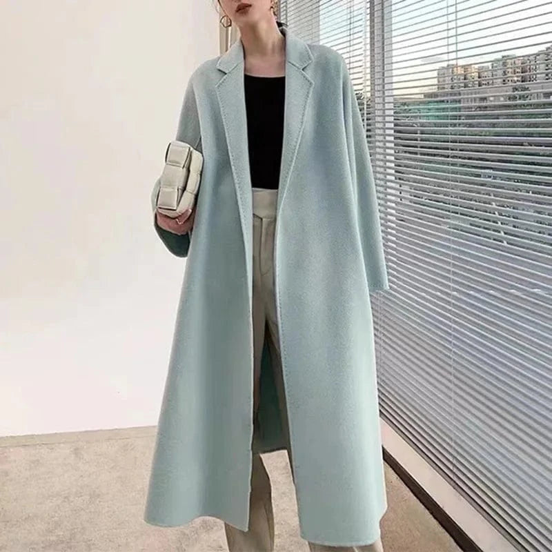 M / Light Blue Factory Loose Belted Wool Coats Water Wave Turn Down Collar Elegant Women Cashmere Coat