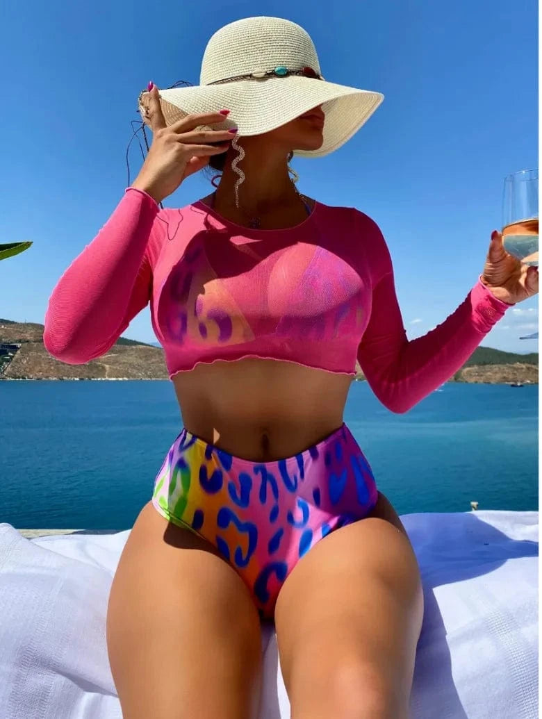 M / Magenta DAMOCHIC Bikini Swimsuit Long Sleeves Cover Up 3 Piece Swim Print High Waist Bathing Suit Halter Mesh Swimwear Beachwear 2024