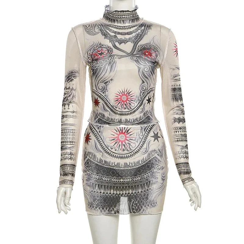 M / Multi ZHEZHE Fashion 2024 Fashion Lady Street Wear Long Sleeve Printed Mesh See Through Cropped Tops and Mini Skirt 2 Piece Set Women