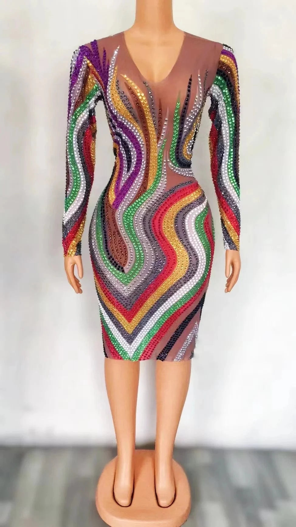 M / Multicolor Saias Femininas See Through Mesh Colorful Rhinestone Birthday Wedding Party Dress Plus Size Women Banquet Prom Evening Dresses