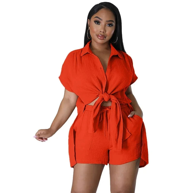 M / Orange DAMOCHIC Wholesale Matching Sets Women Loose Solid Color Ladies Clothing Shirt Tops and Shorts Two Piece Set Summer 2023