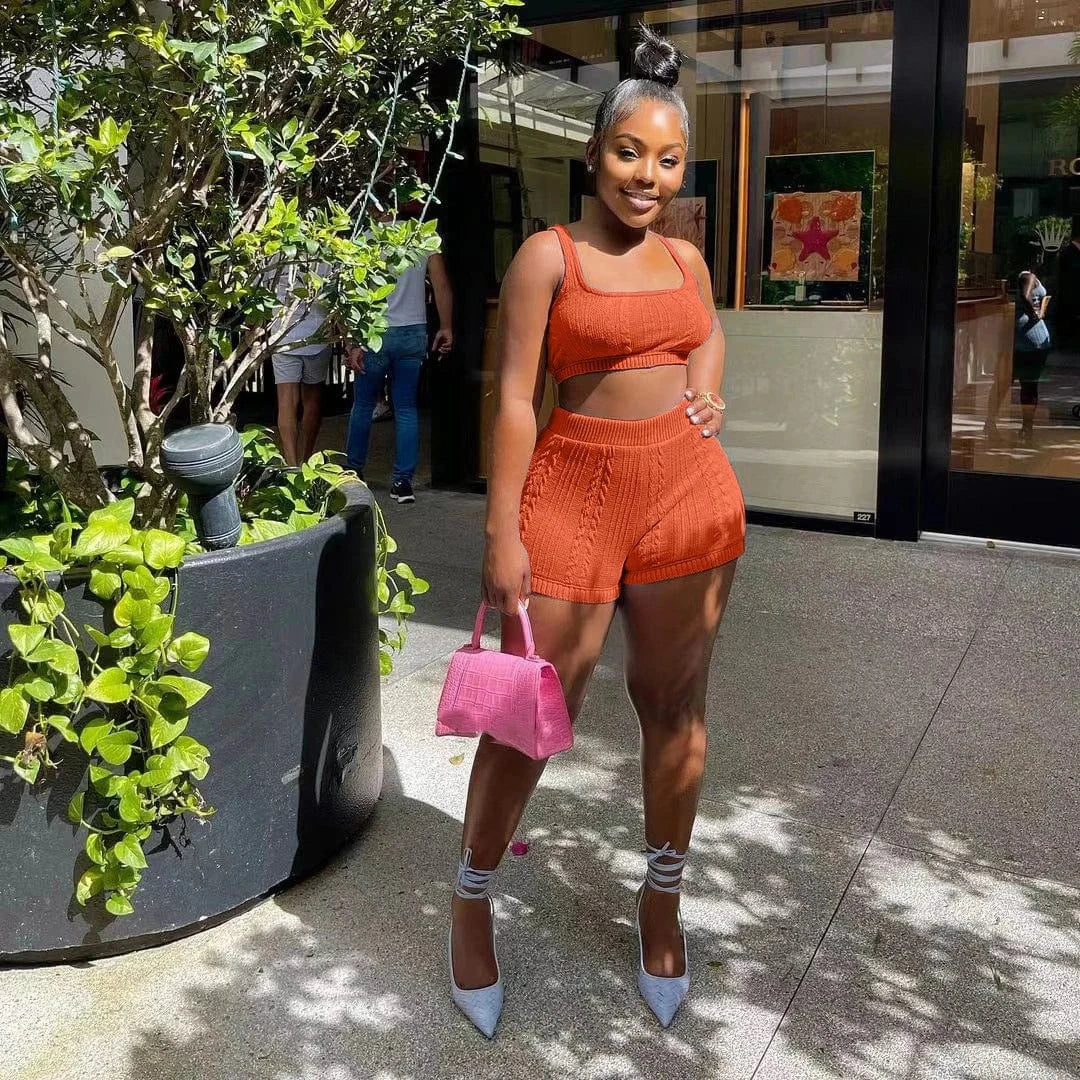 M / Orange GX8161 Fashion 2024 Women Clothing Boutique Knitted Summer Outfit Trending Sleeveless Tank Top and Shorts 2 Pieces Set