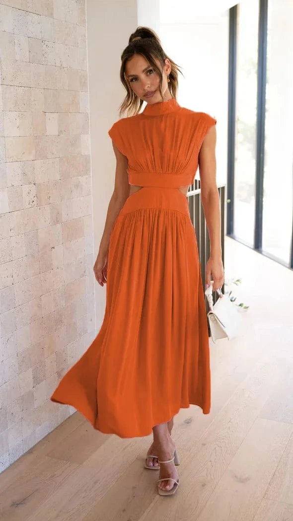 M / orange red 2024 Girls Summer Hot Sale New Casual Solid Color Sweet Fashion Street Summer Stand-up Collar Macaron Color Long Dress
