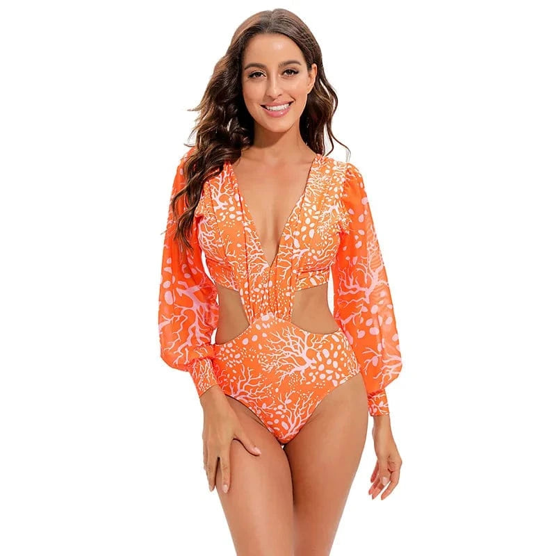 M / Orange TW71004 Swimwear Women Print 2024 Puffy One Piece Swimsuit Flared Sleeves Bathing Suit Retro Ruffle Strap Vintage Beachwear set