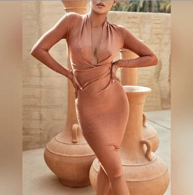 M / PFHJ649 Bare Brown Ocstrade Vestidos Fall Winter Women Long Sleeve Low V Neck Elegant Maxi Bodycon Wedding Evening Bandage Dresses Modern Dress