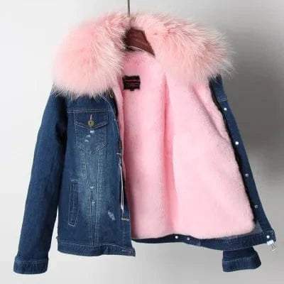 M / Pink 1 Women Denim coat Faux fur thick lining coat raccoon fur Big collar bomber jacket