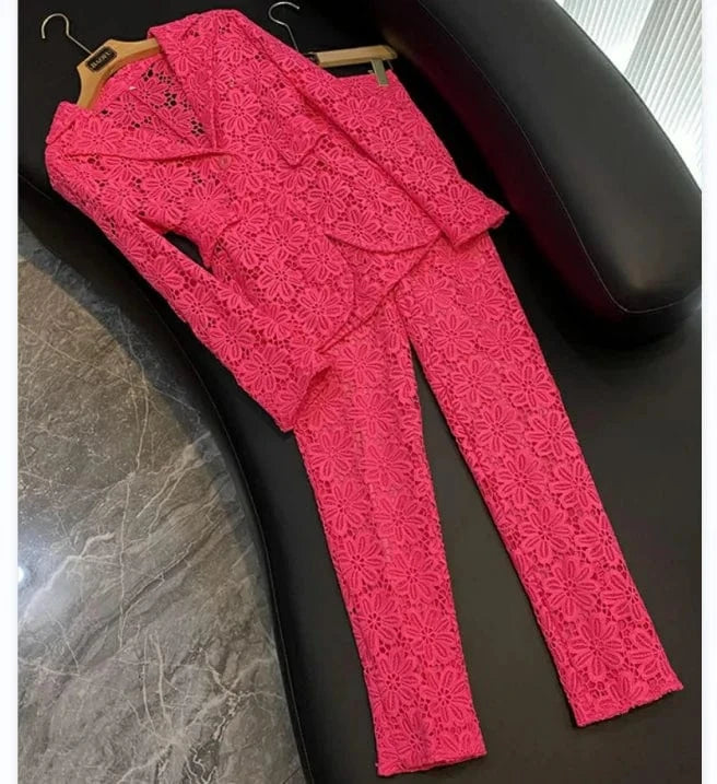 M / Pink 2023 Fine Workmanship Elegant Style Lace Office Lady Suit Single Button Blazer Pencil Pants Women Solid 2pcs