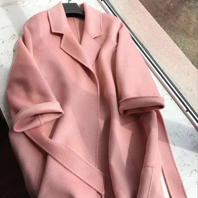 M / Pink Factory Loose Belted Wool Coats Water Wave Turn Down Collar Elegant Women Cashmere Coat