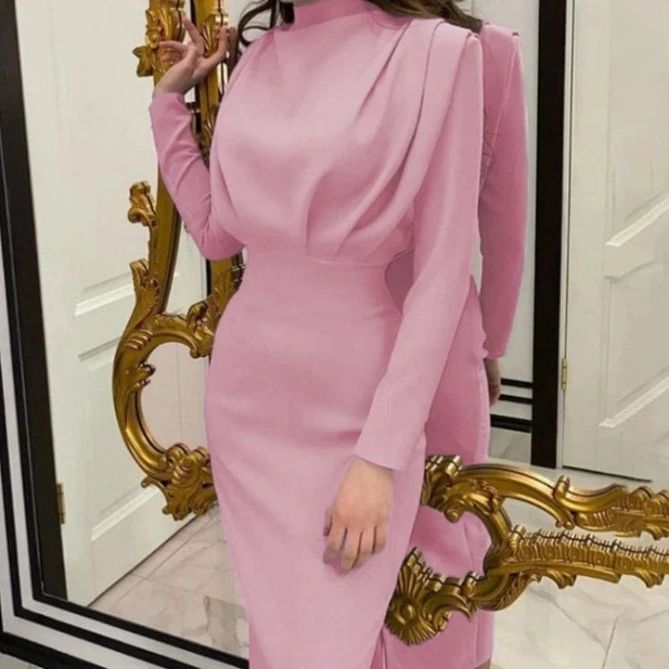 M / Pink Fashionable Style Evening Formal Long Sleeve Elegant Dress for Women
