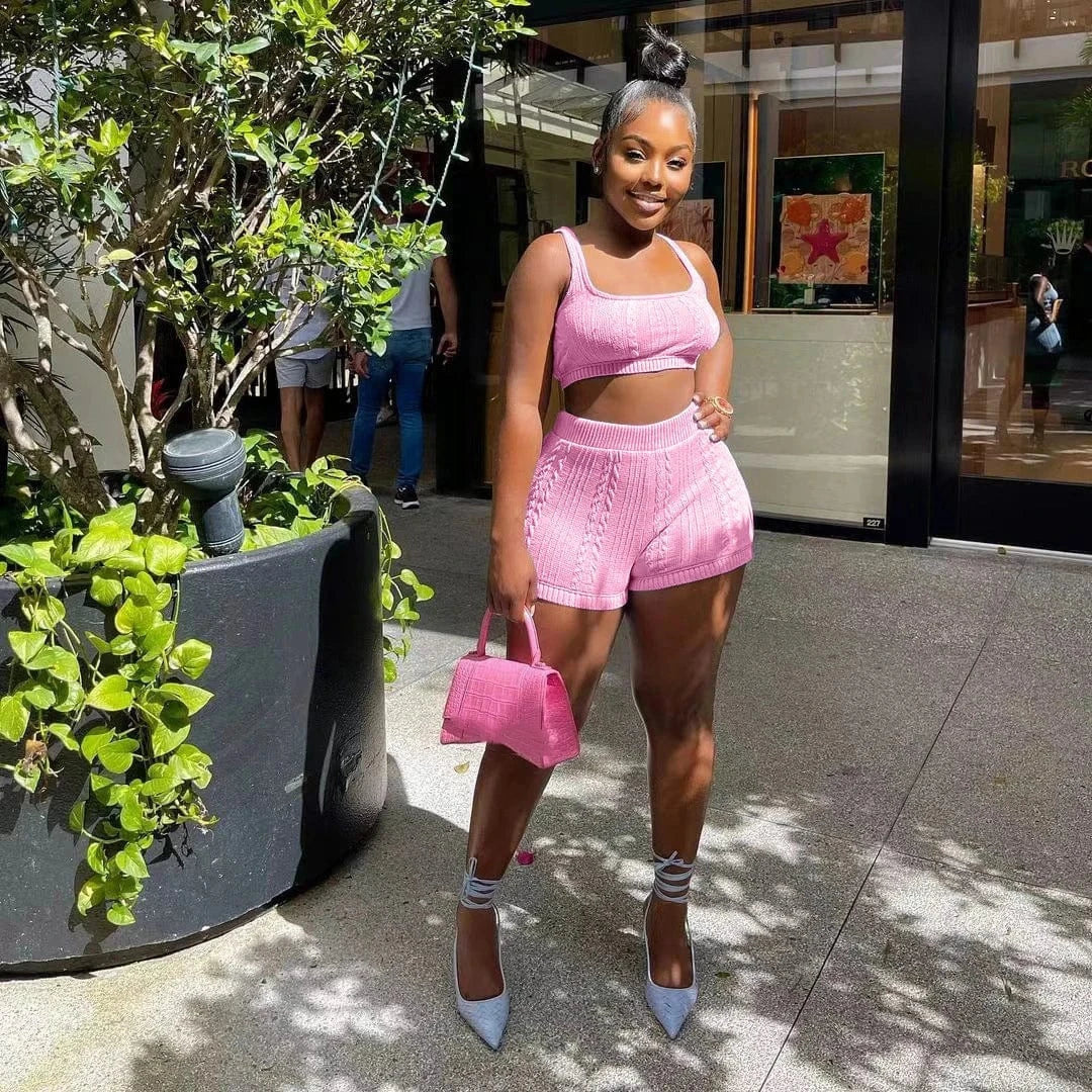 M / Pink GX8161 Fashion 2024 Women Clothing Boutique Knitted Summer Outfit Trending Sleeveless Tank Top and Shorts 2 Pieces Set