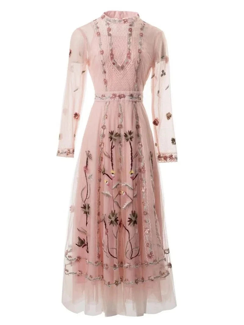 M / Pink High Quality New 2024 Spring Long Wedding Party Women Dress Allover Exquisite Embroidery Long Sleeve Tulle Mesh Maxi Dress Pink