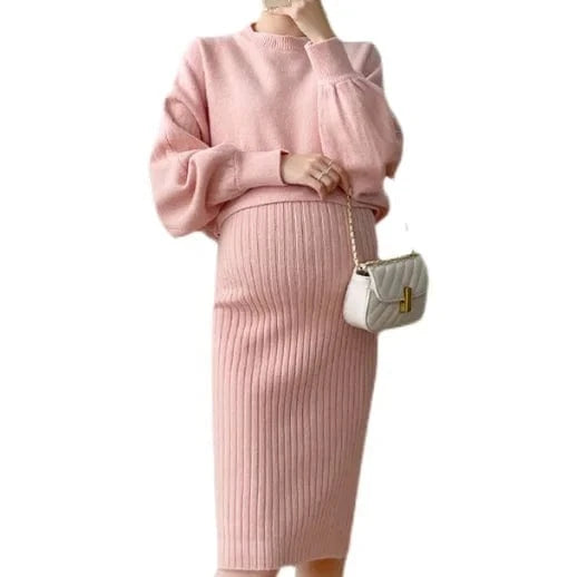 M / Pink M-XXL Fashion Outgoing New Large Pregnant Women's Cute Pink Knit Pullover Thickened Sweater Two Piece Set