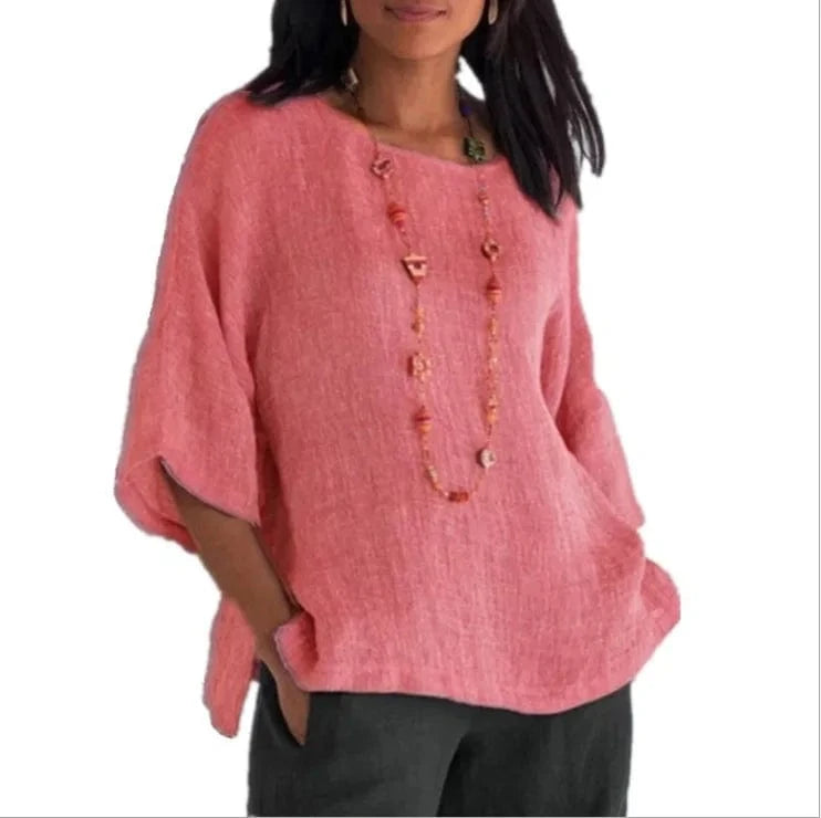 M / Pink New European And American Women's Clothing 2024 Three-quarter Sleeve O-neck Cotton Linen Shirt Women's Top Casual Blouse