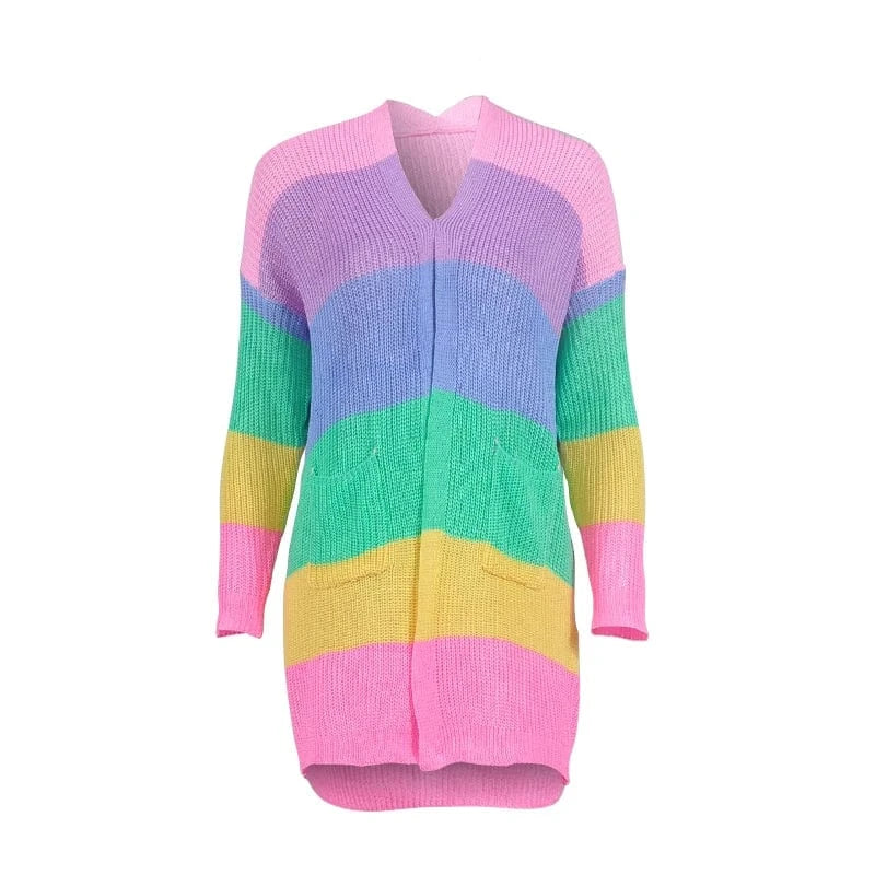 M / Pink New Fancy Ladies Top Clothing Multicolor Striped Rainbow Long Knitted Sweater Cardigan