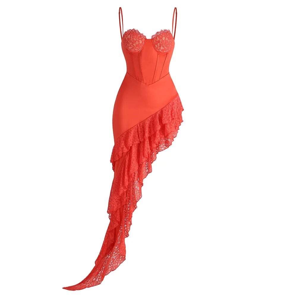M / Pink OUDINA 2024 Hotselling Ruffle Dress High Slit Tube Top Elegant Evening Pleated Lace Party Dress For Women
