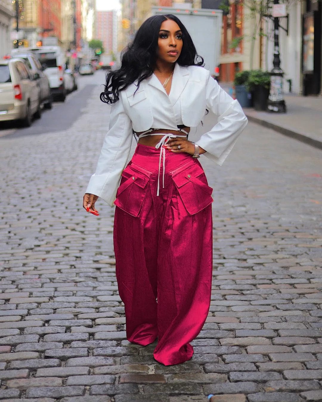 M / Pink OUDINA 2024 Spring Oversized Loose Detachable Three-dimensional Pocket Wide Leg Pant Casual Trousers Women's Pants