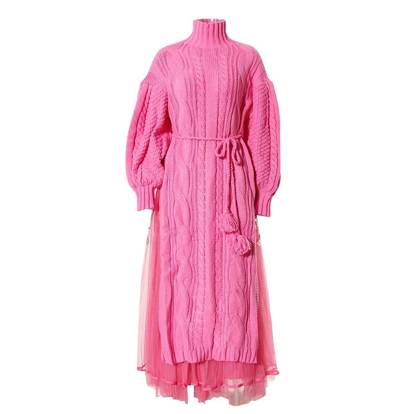 M / Pink OUDINA Stylish New Arrivals Two Piece Set Lantern Sleeve Mesh Skirt Casual Lady Elegant Knit Sweater Women's Dresses