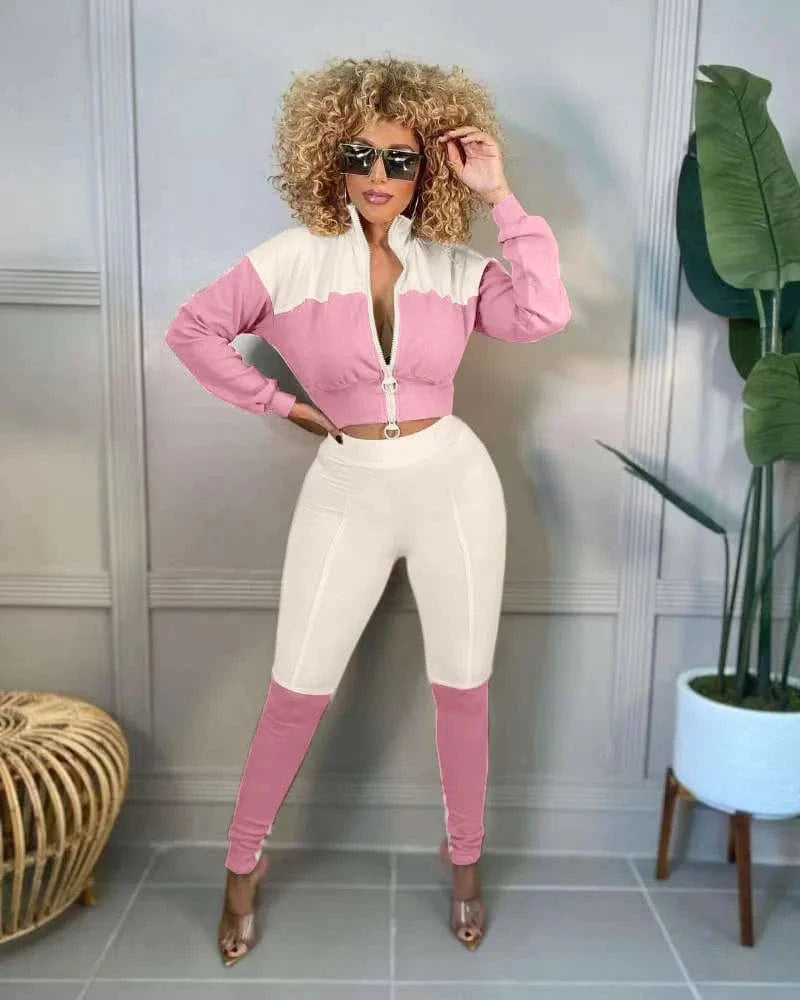 M / Pink Spring 2023 Women s Clothing Zip Up Crop Jogger Set Color Block Jogging Suit Set Tracksuits for Women
