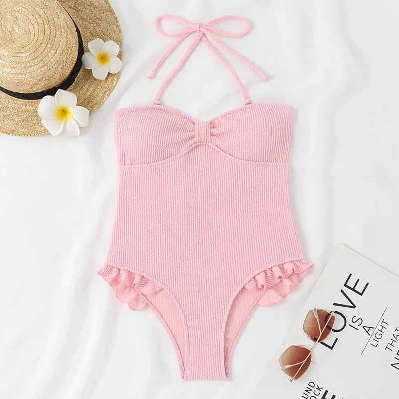 M / Pink Strapless Shirring Swimsuit Off Shoulder High Waisted Swimwear Bandeau Smocked Ruffle Design 2024 Monokini Wholesale Bathingsuit