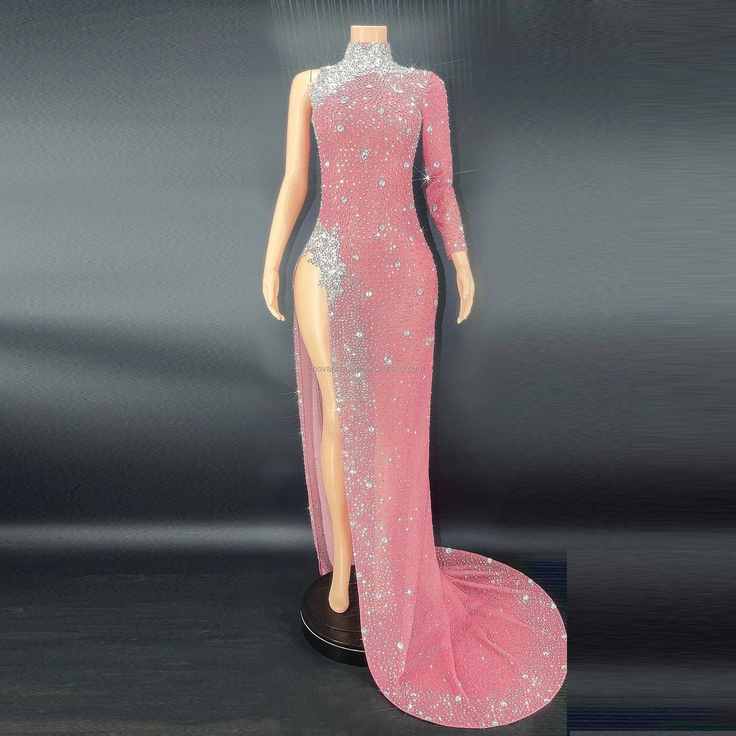 M / Pink Wholesale Clothing Vendor Mint Stylish Maxi Dress With Long Sleeve Evening Dress One Shoulder Luxury Party Vetement Pour Femme