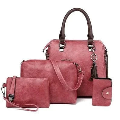 M / Pink Wholesale Fashion Ladies PU Leather Hand Bags Shoulder Purse Card Holder 4pcs Handbags for Women Luxury Set